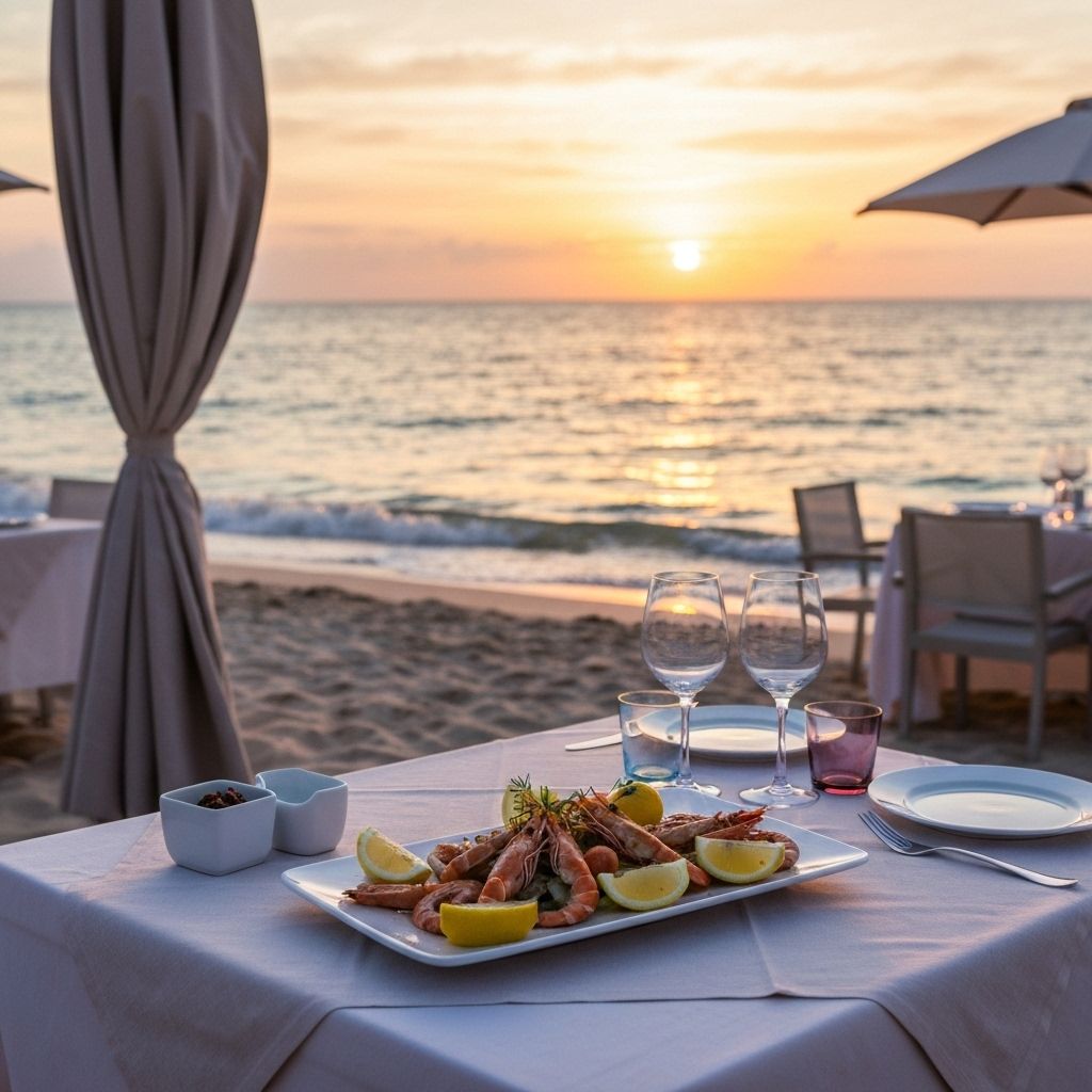 Piatto di pesce sulla sabbia con vista mare